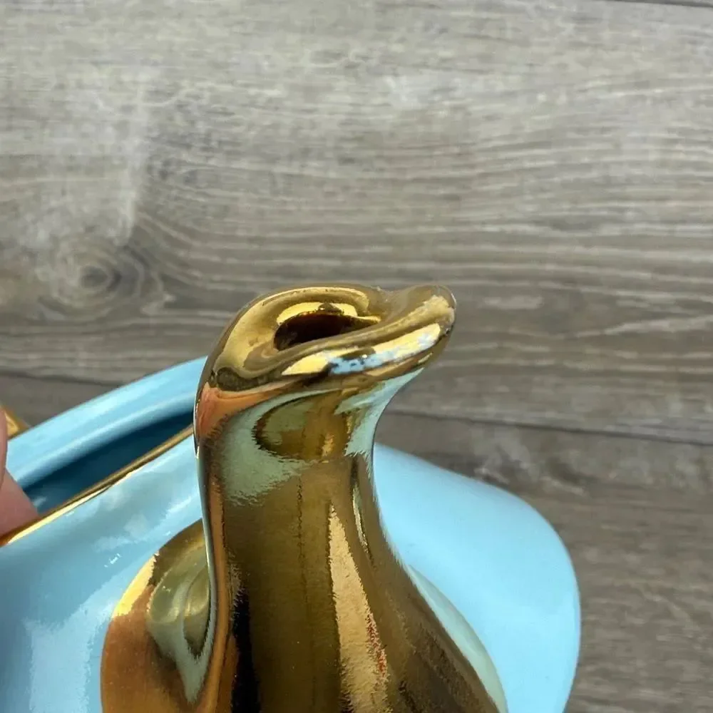 Pearl China Co Robins Egg Blue 22 kt Gold Trim Vtg Swirl Aladdin Decor Teapot